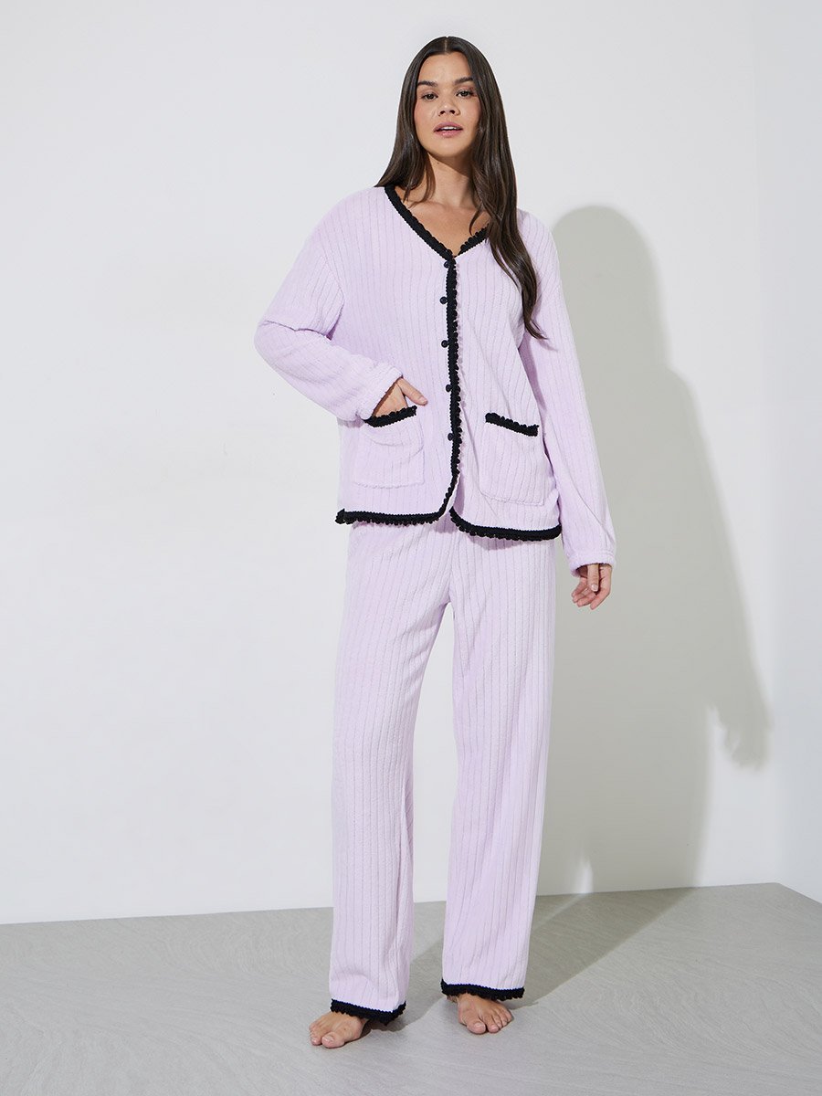 Lilac Fleece Rib Contrast Trim Detail Shirt and Straight Pyjama Set