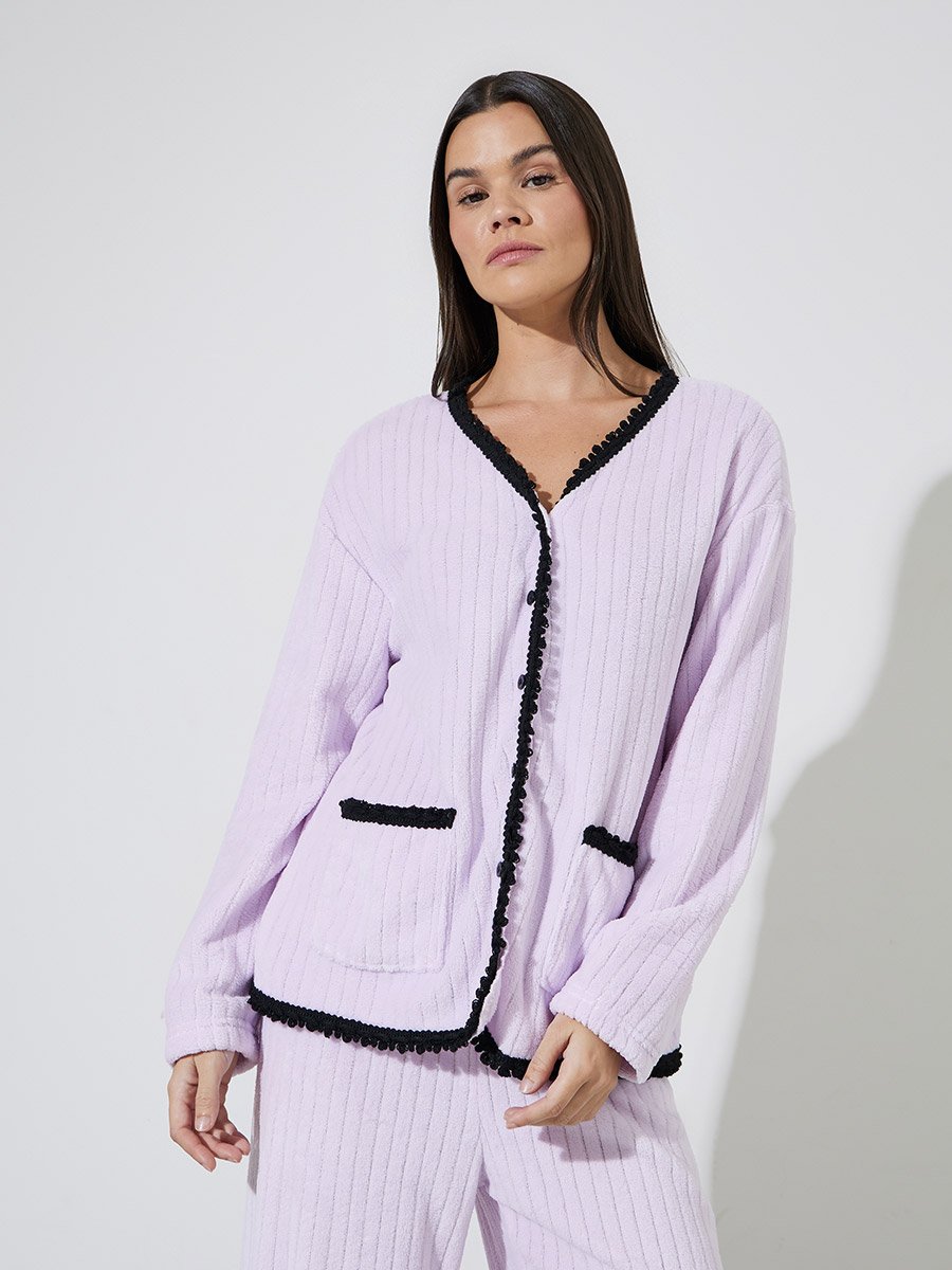 Lilac Fleece Rib Contrast Trim Detail Shirt and Straight Pyjama Set