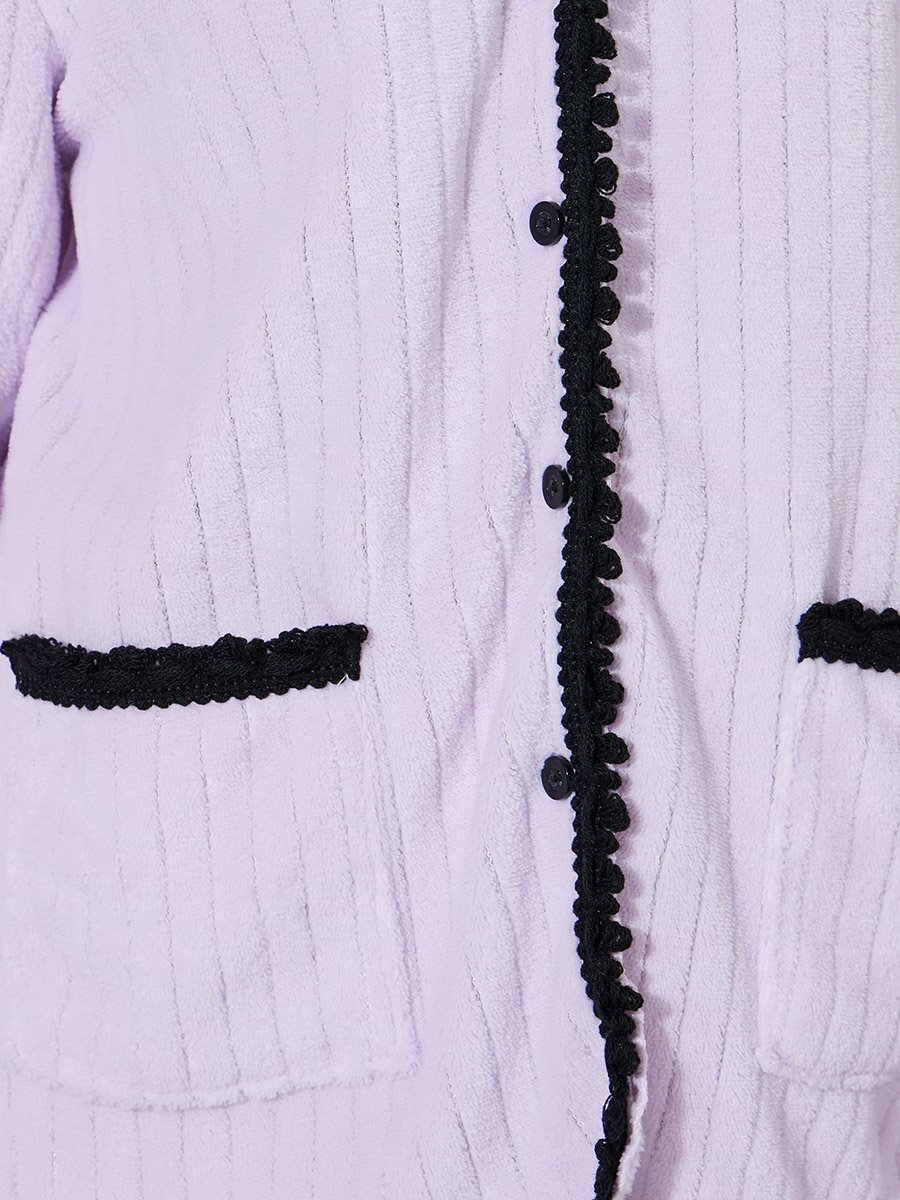 Lilac Fleece Rib Contrast Trim Detail Shirt and Straight Pyjama Set