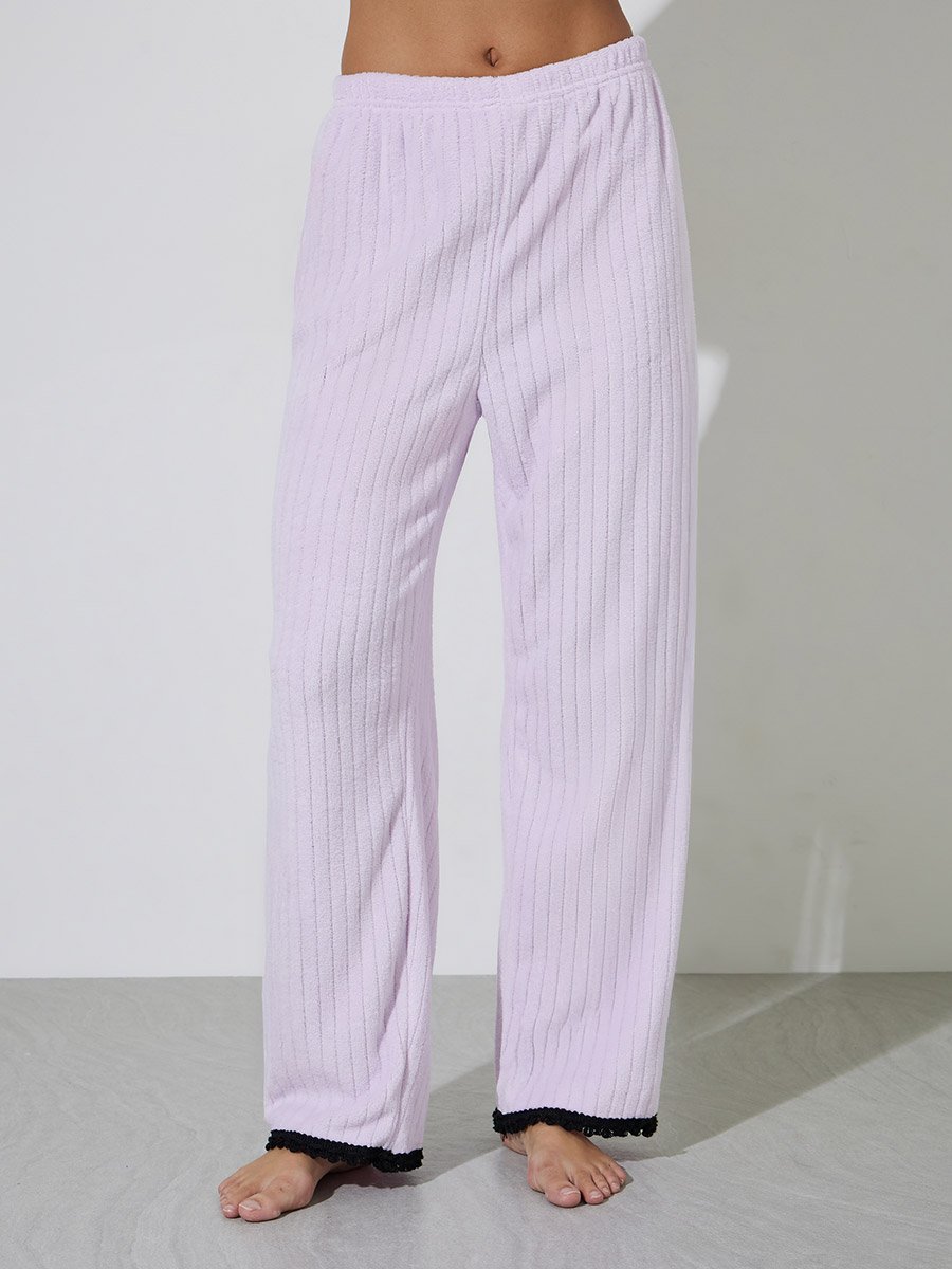 Lilac Fleece Rib Contrast Trim Detail Shirt and Straight Pyjama Set