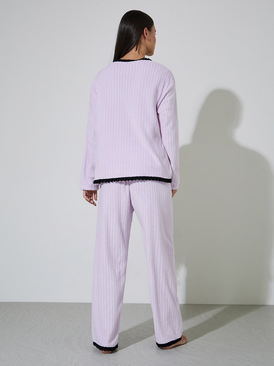 Lilac Fleece Rib Contrast Trim Detail Shirt and Straight Pyjama Set