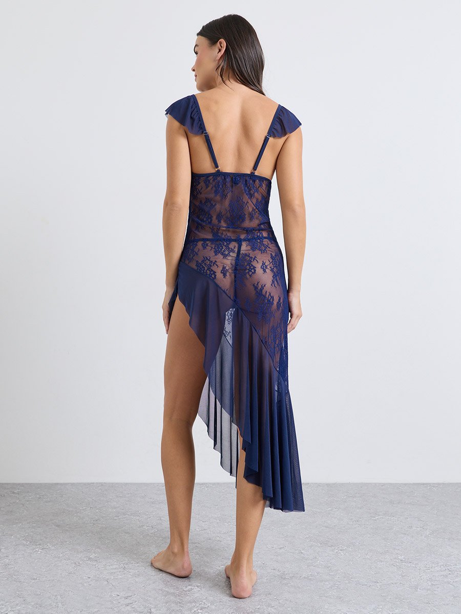 Navy Blue Floral Mesh Slip with Flutter Sleeves, High Low Hem and Brief