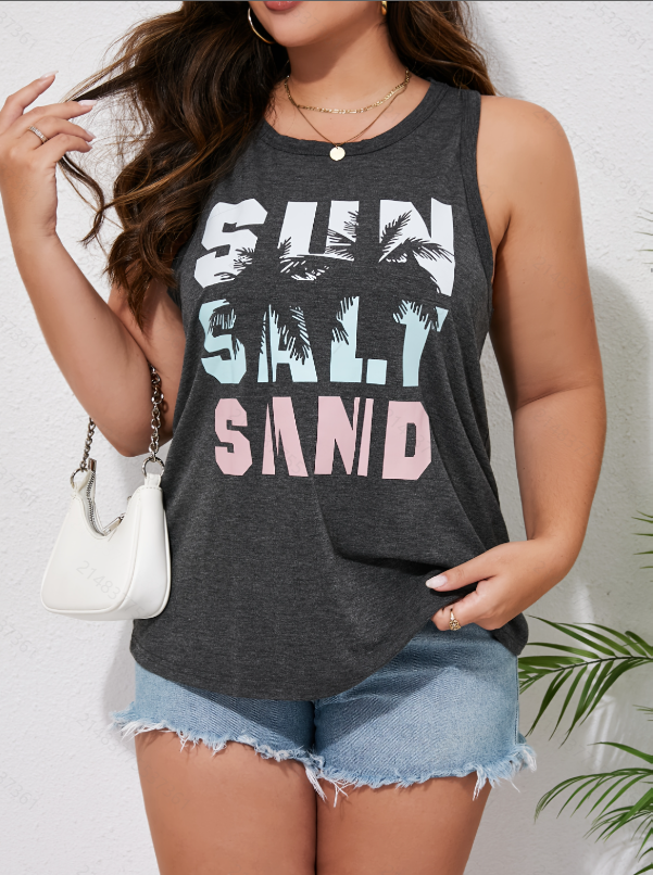 Plus Size Sleeveless Grey Tank Top with Sun Salt Sand Graphic
