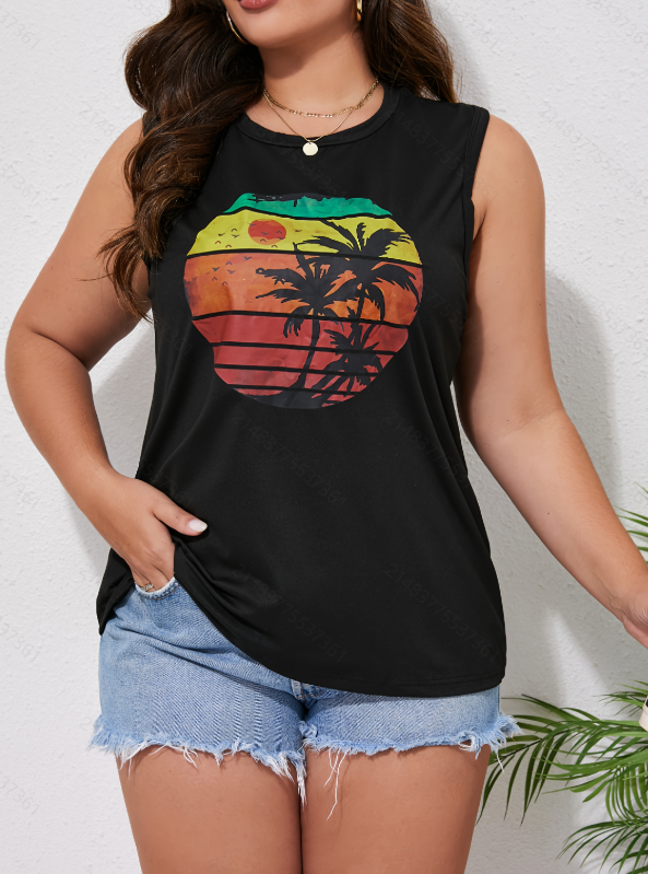 Plus Size Black Sleeveless Top with Sunset Palm Print