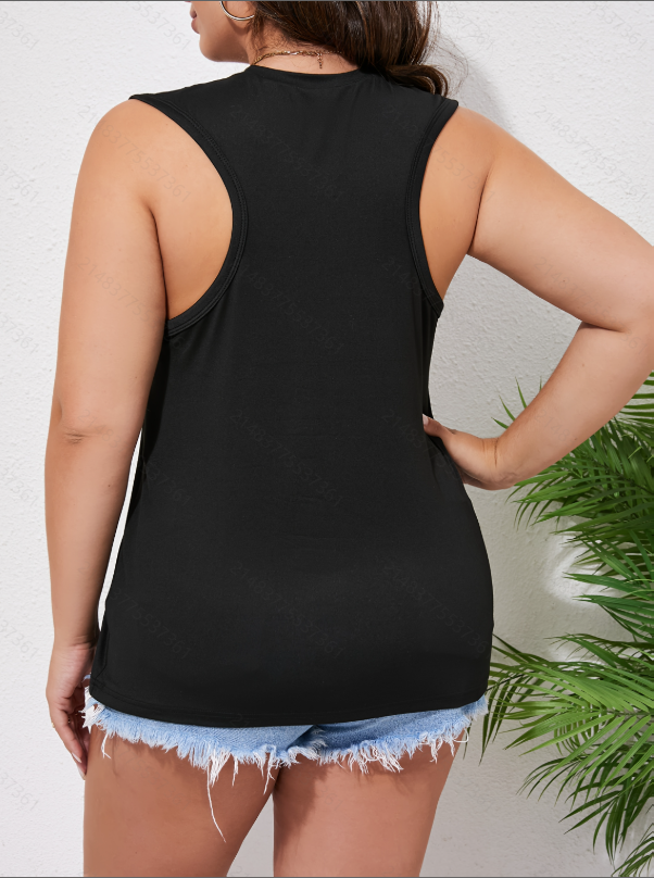 Plus Size Black Sleeveless Top with Sunset Palm Print