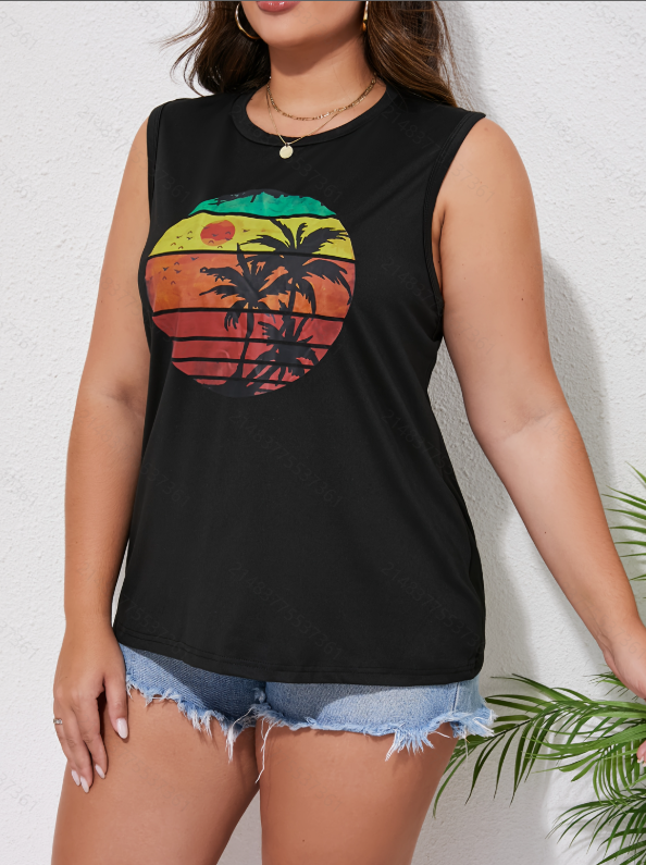 Plus Size Black Sleeveless Top with Sunset Palm Print