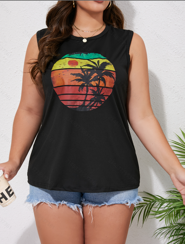 Plus Size Black Sleeveless Top with Sunset Palm Print