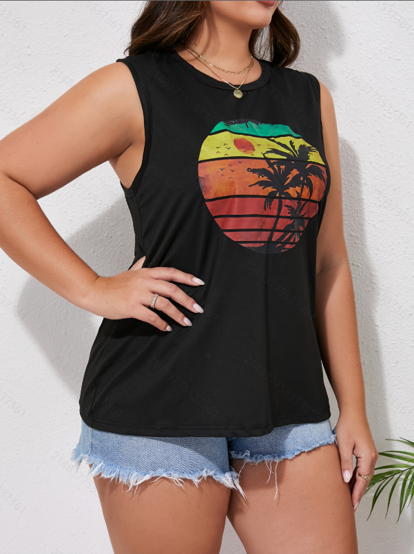 Plus Size Black Sleeveless Top with Sunset Palm Print