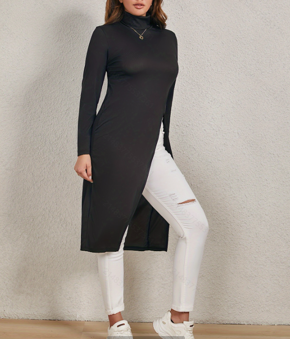 Black Long Sleeve High-Slit Tunic Top