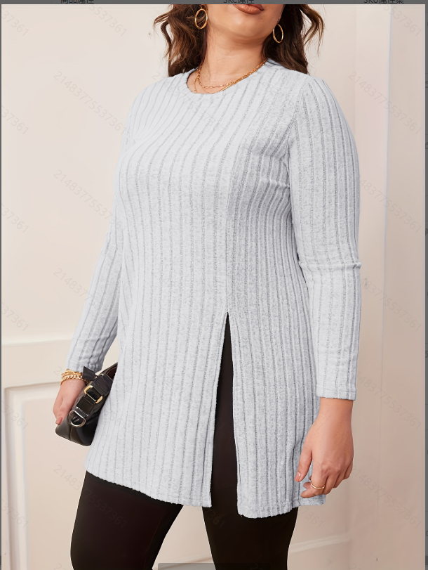  Grey Ribbed Long Sleeve Plus Size Tunic Top