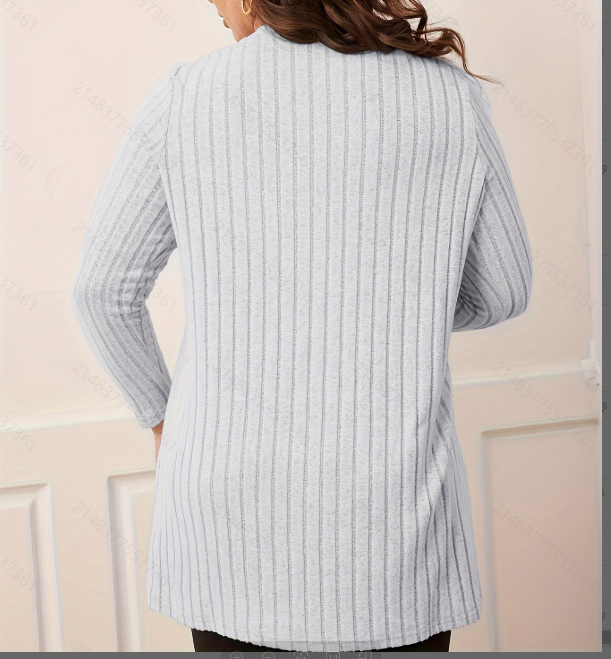  Grey Ribbed Long Sleeve Plus Size Tunic Top