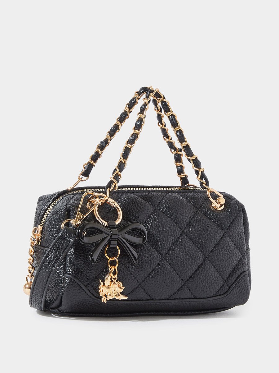 Black Quilted Hand Bag with Bow Charm 