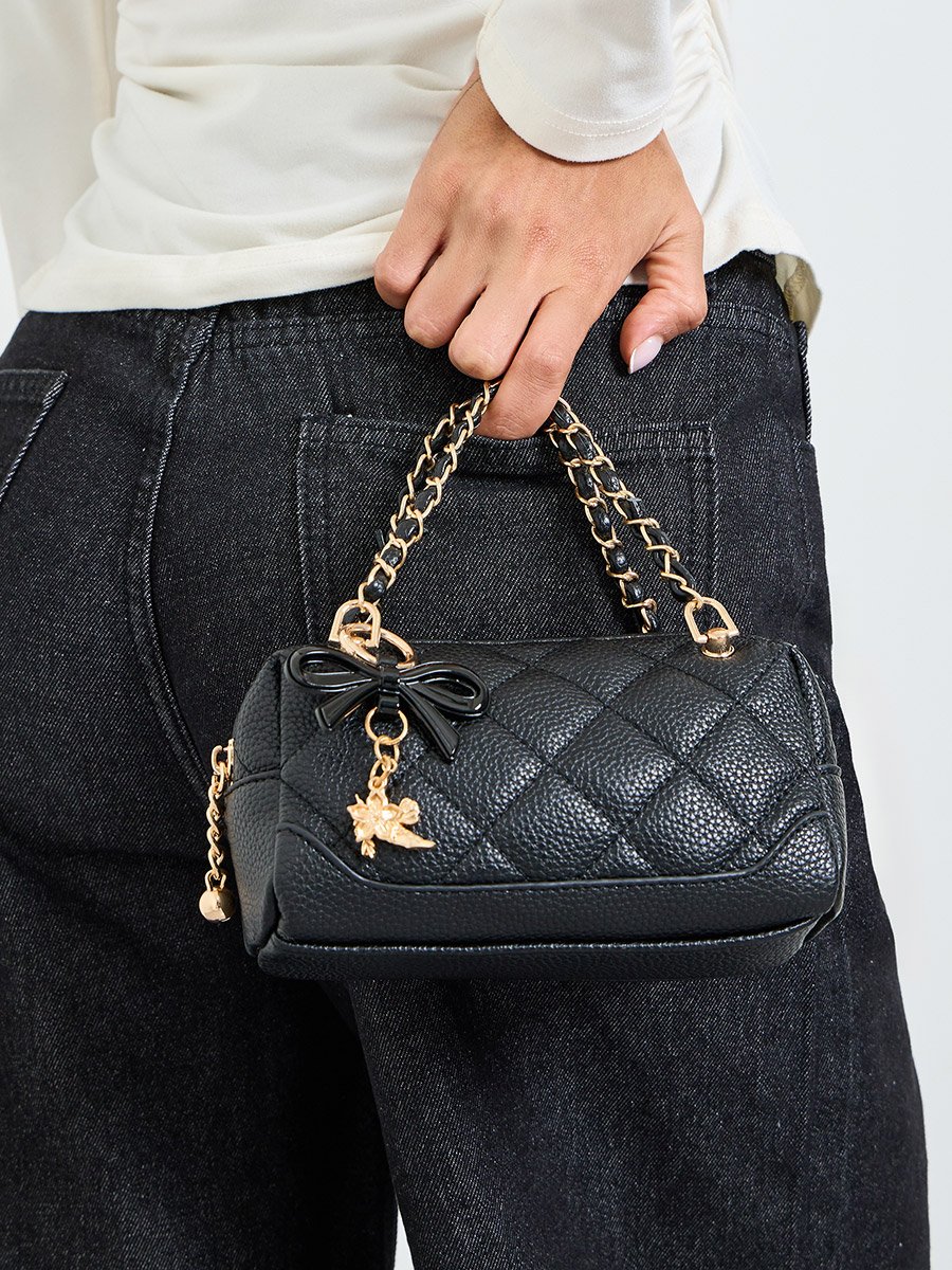 Black Quilted Hand Bag with Bow Charm 