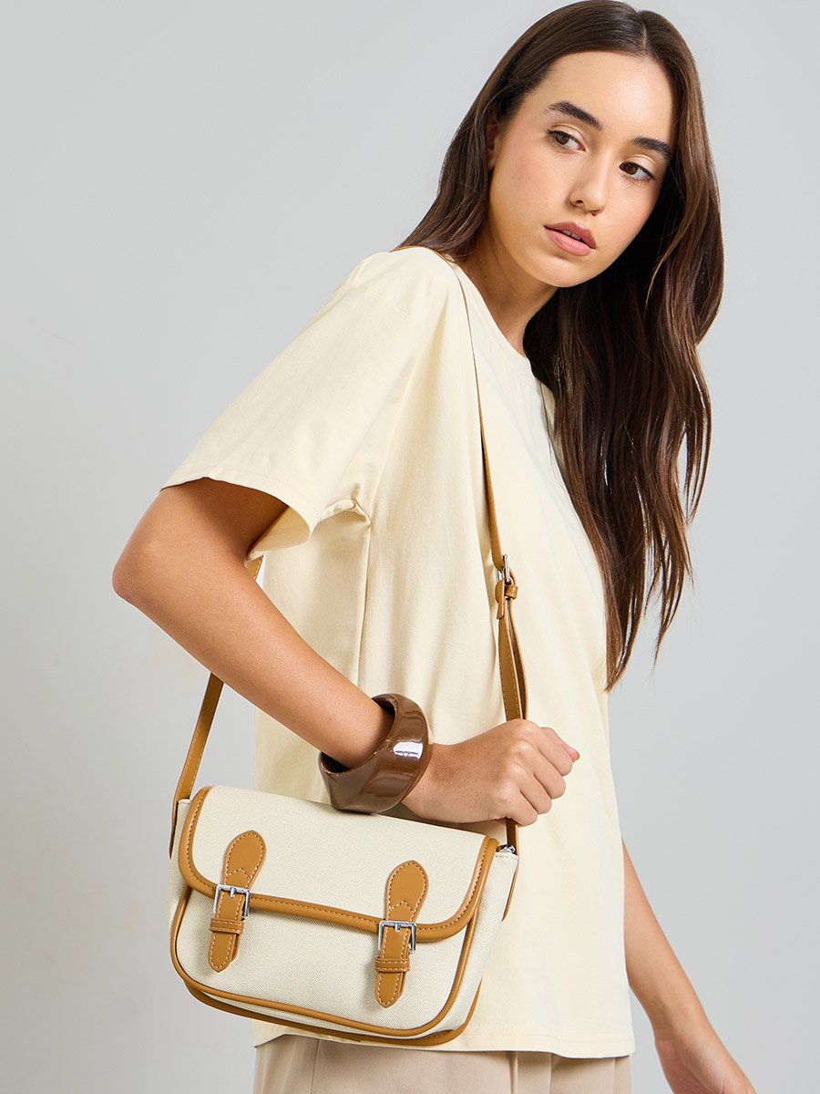 Cream Contrast Trim Flap Crossbody Bag