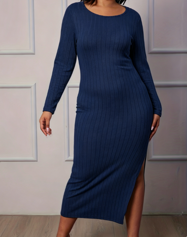 Womens Dark Blue Ribbed Long Sleeve Midi Nightdress