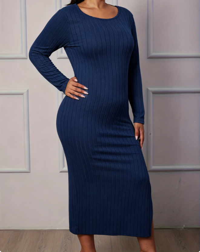 Womens Dark Blue Ribbed Long Sleeve Midi Nightdress