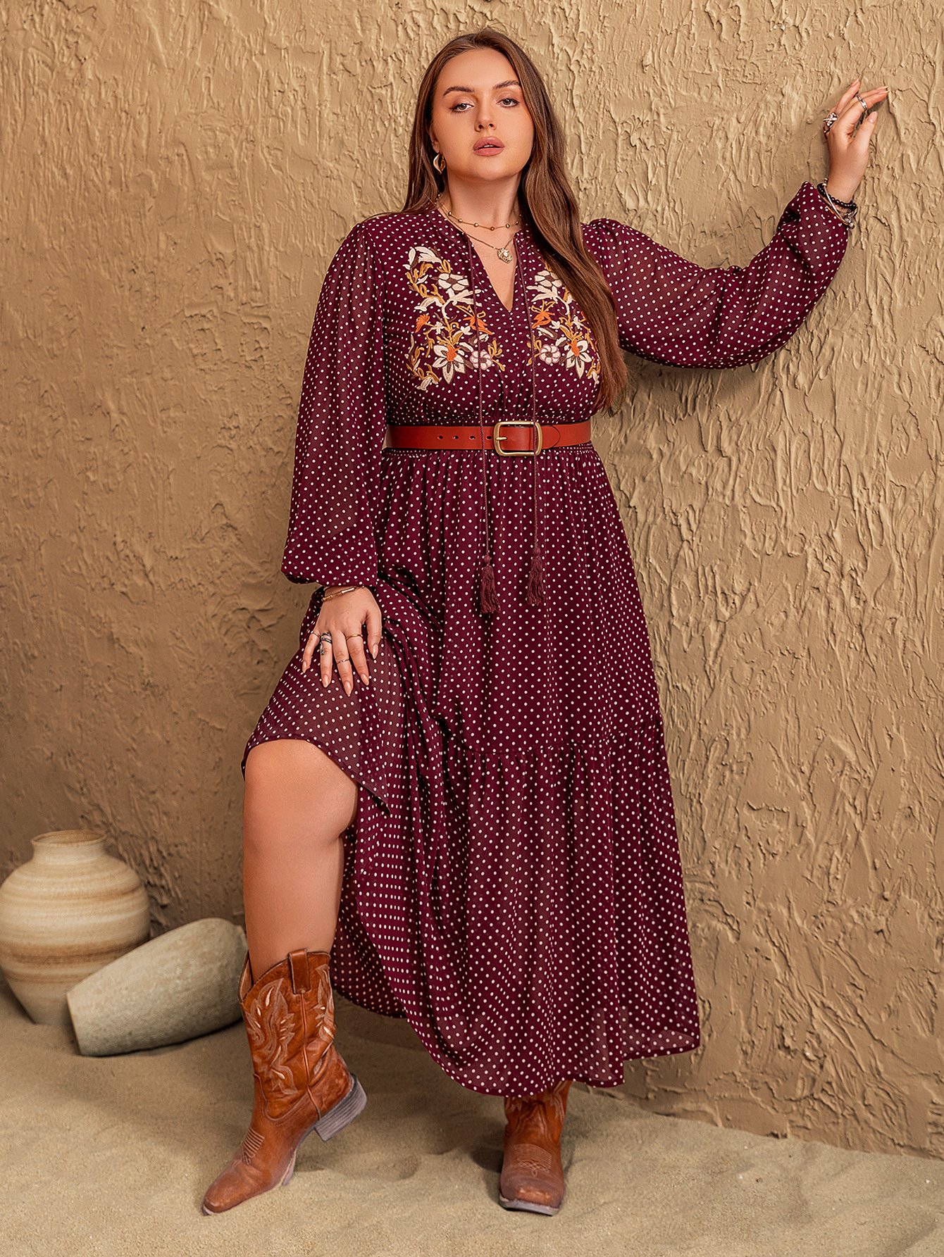 Plus Size A-Line Maxi Dress in Burgundy with Polka Dots