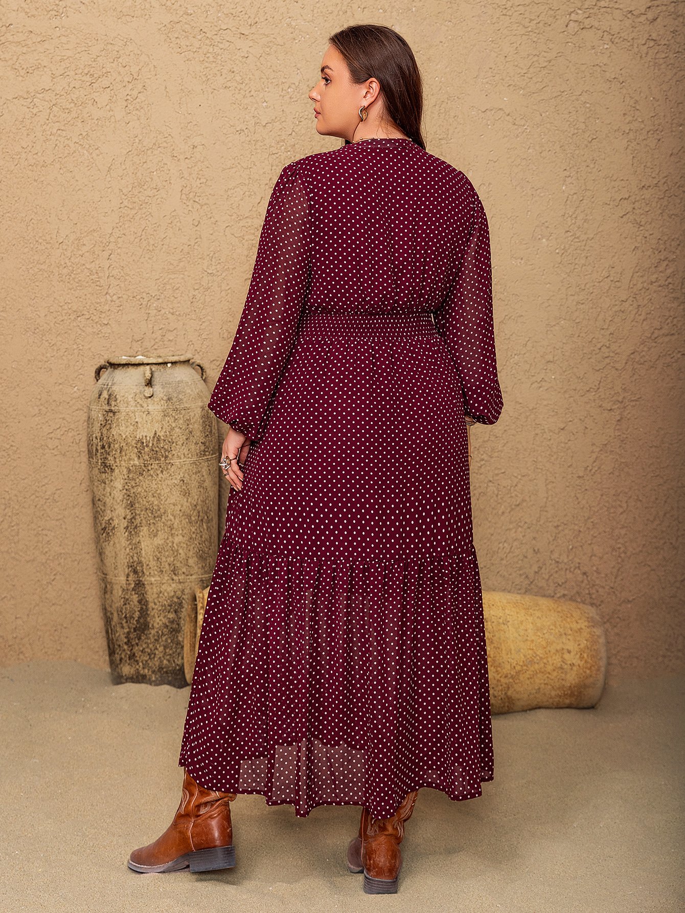 Plus Size A-Line Maxi Dress in Burgundy with Polka Dots