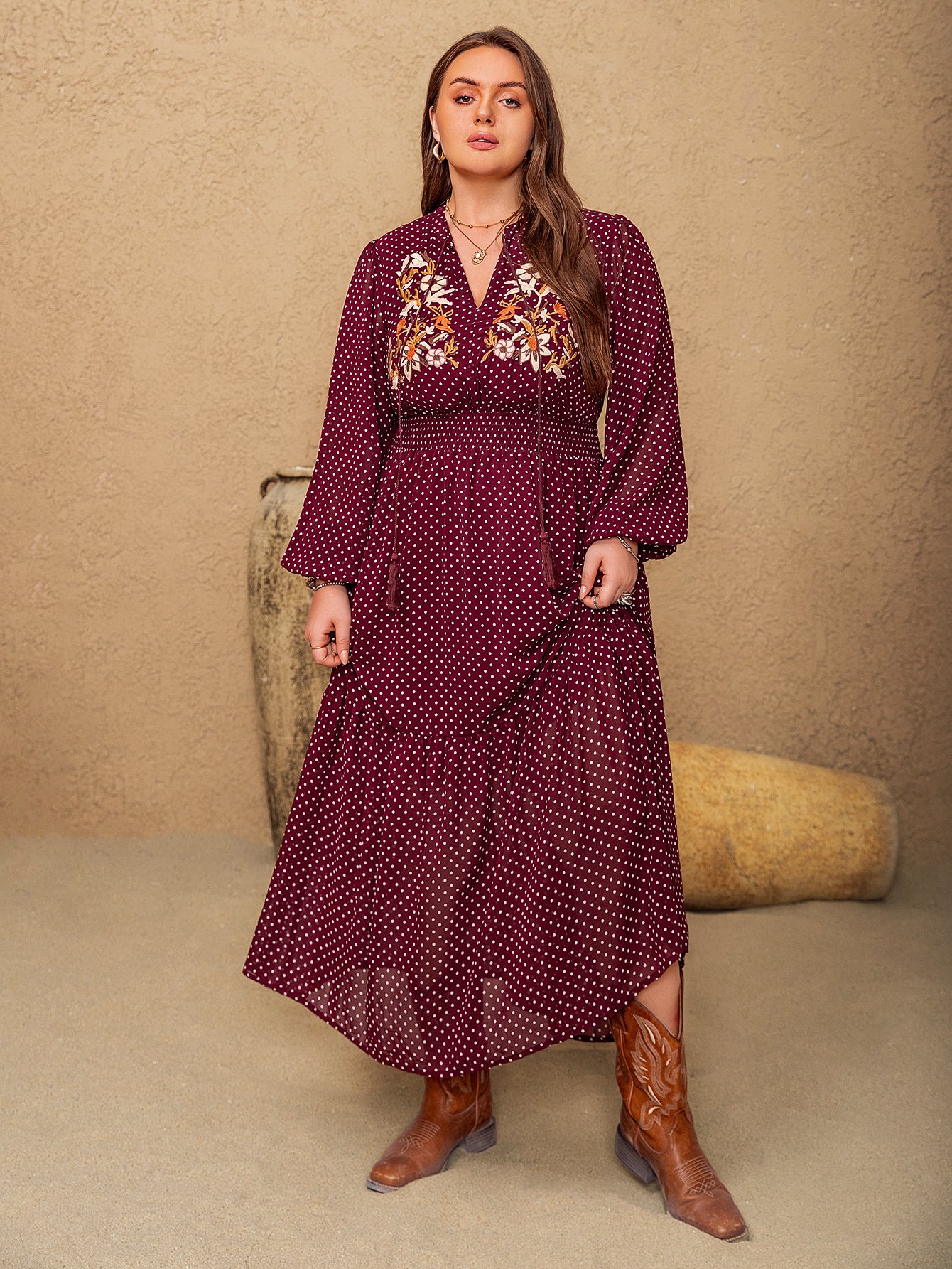 Plus Size A-Line Maxi Dress in Burgundy with Polka Dots