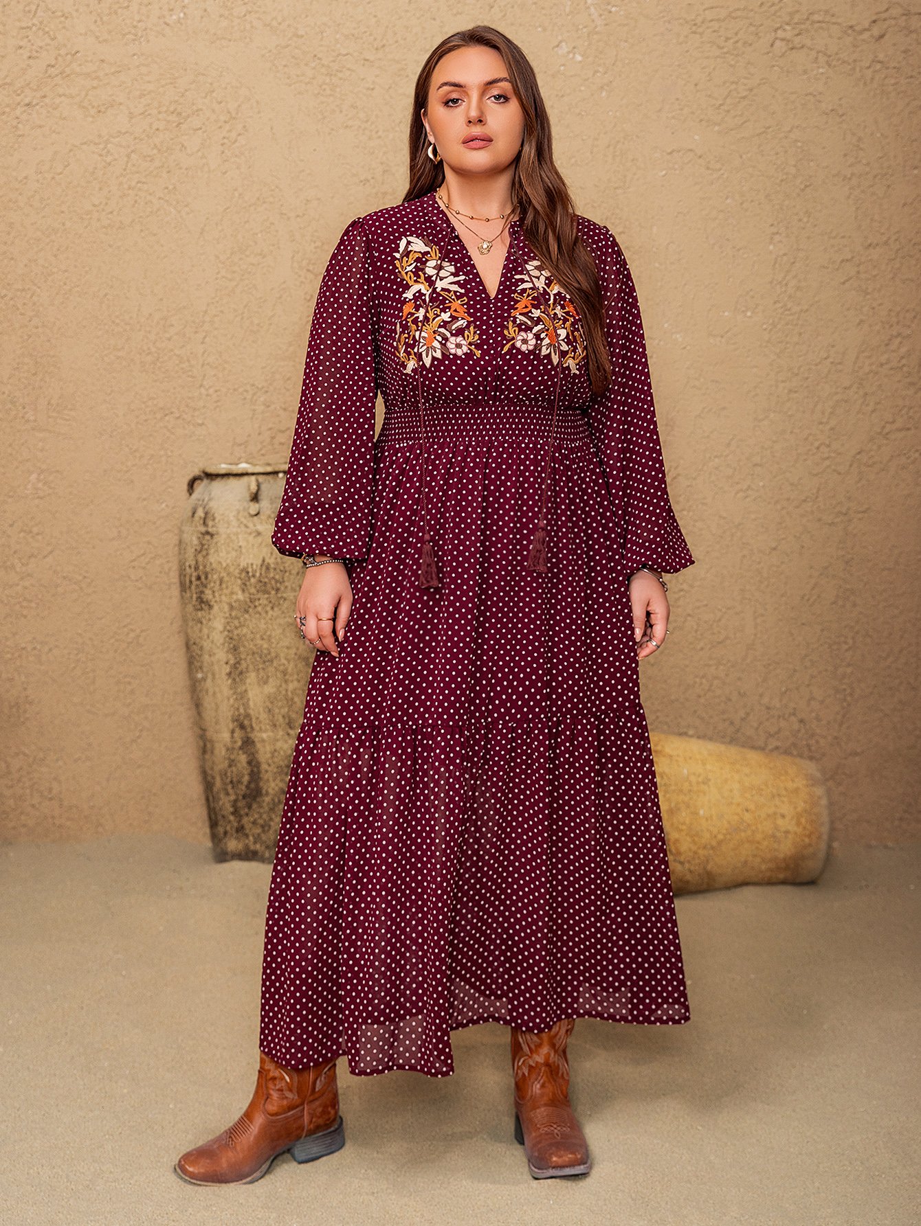 Plus Size A-Line Maxi Dress in Burgundy with Polka Dots