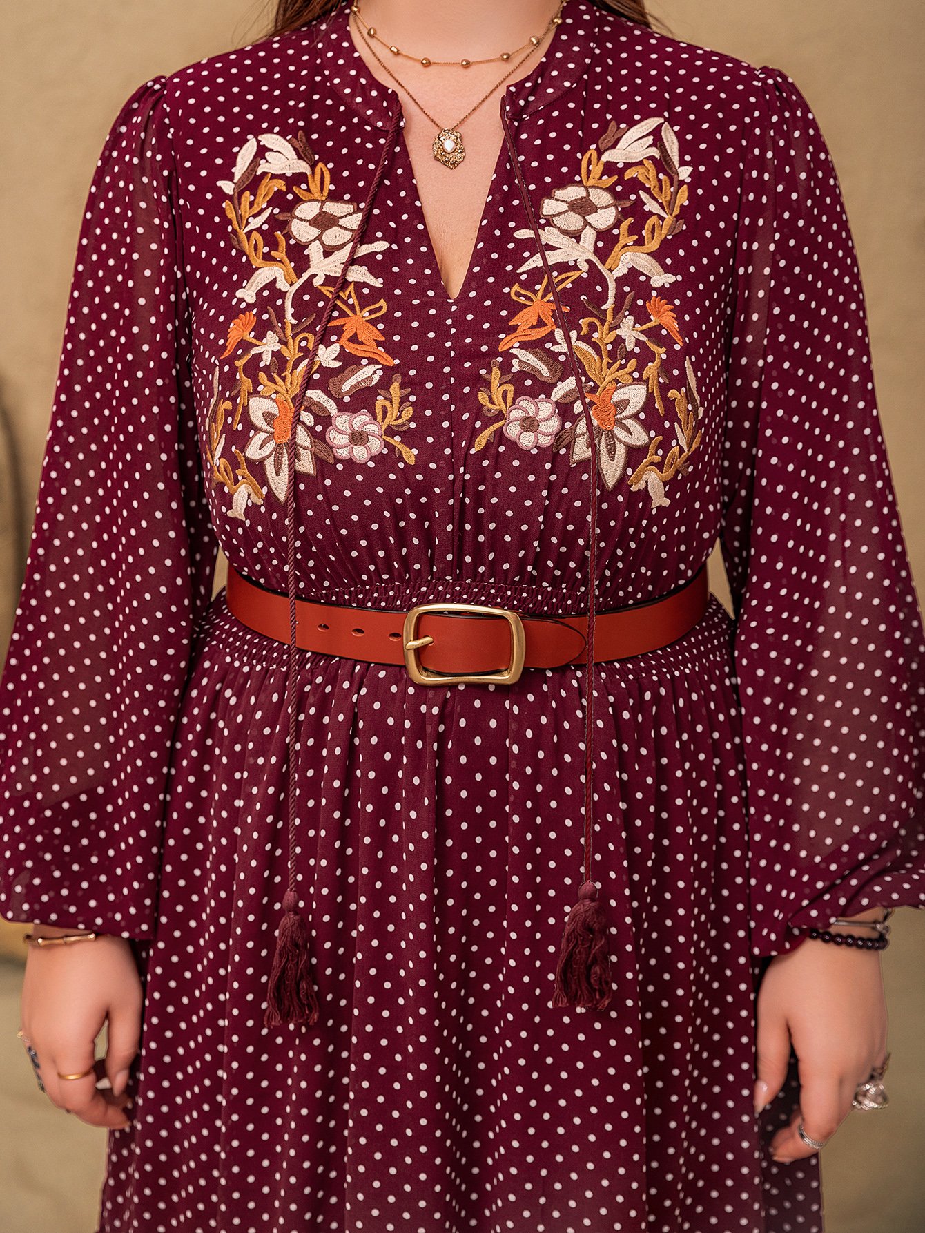 Plus Size A-Line Maxi Dress in Burgundy with Polka Dots