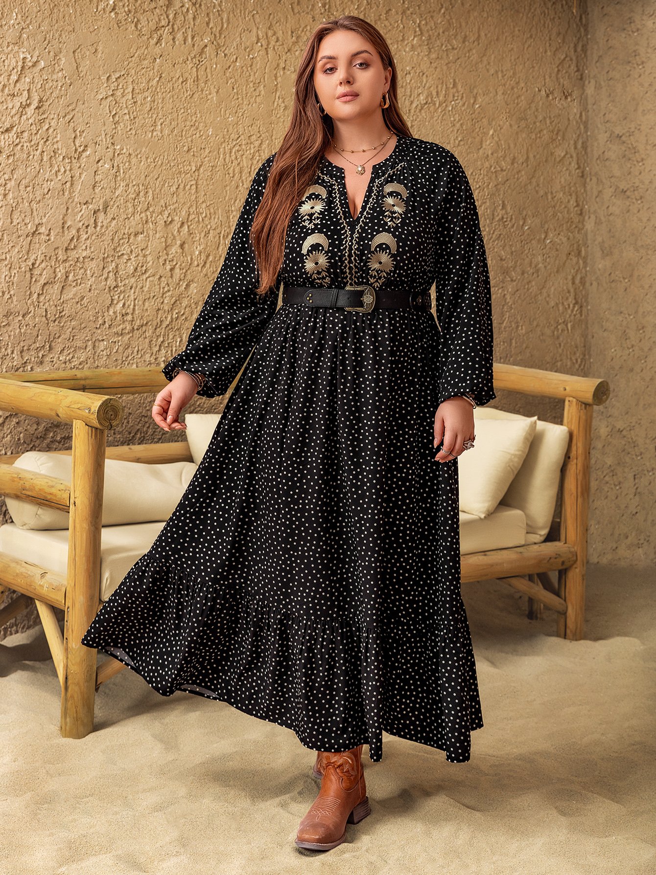 Plus Size A-Line Maxi Dress in Burgundy with Polka Dots