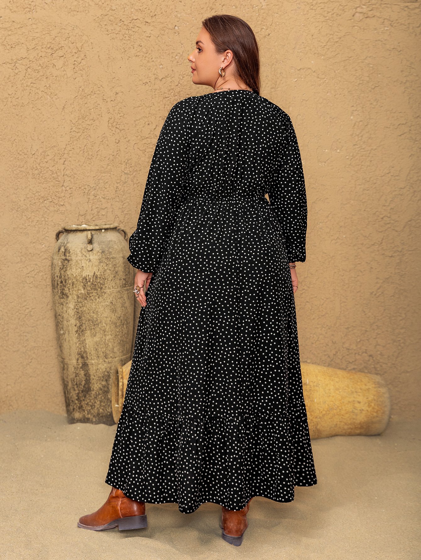 Plus Size A-Line Maxi Dress in Burgundy with Polka Dots