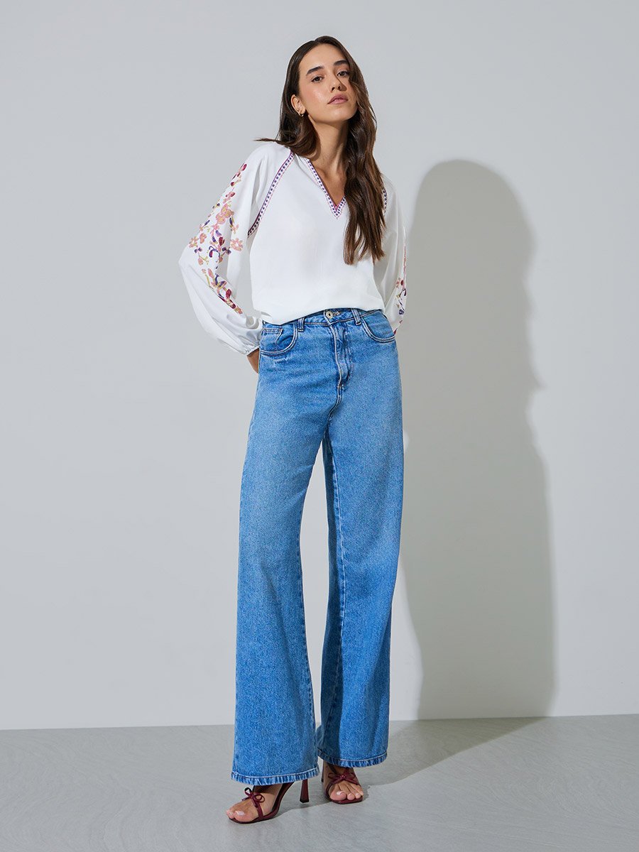White Embroidered Long Sleeve Blouse