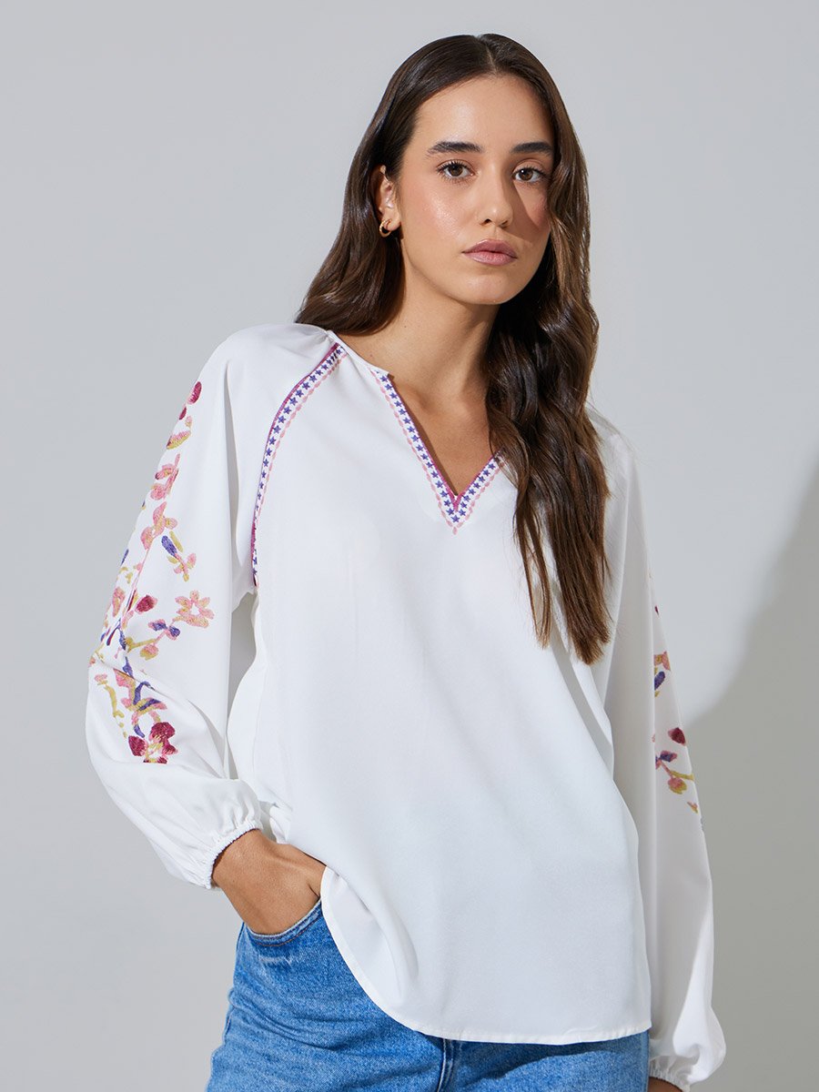 White Embroidered Long Sleeve Blouse