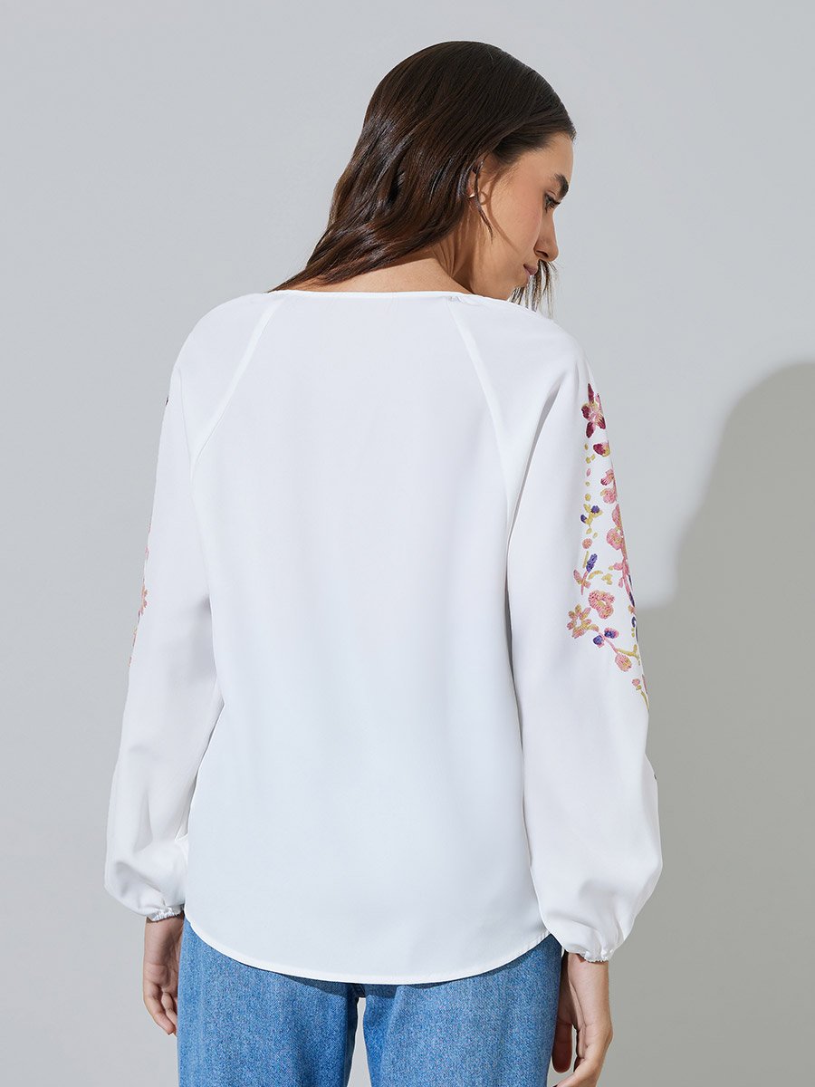 White Embroidered Long Sleeve Blouse
