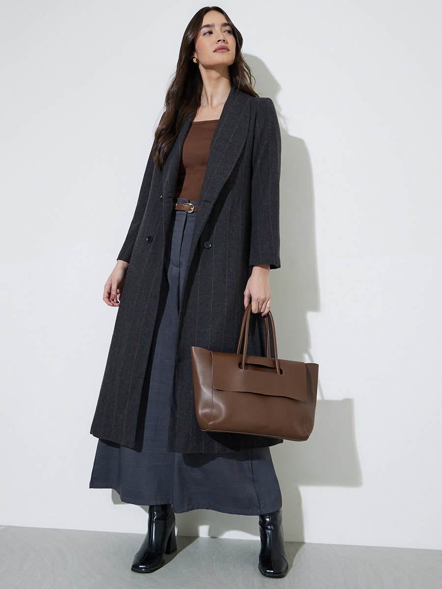 Black Regular Fit Midi Wool-Like Checked Coat
