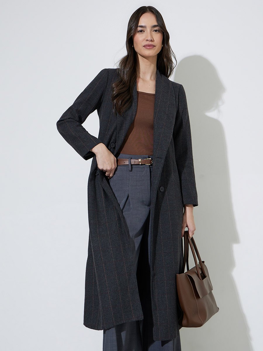Black Regular Fit Midi Wool-Like Checked Coat