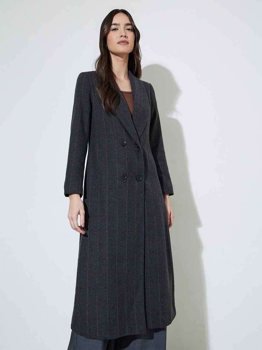 Black Regular Fit Midi Wool-Like Checked Coat