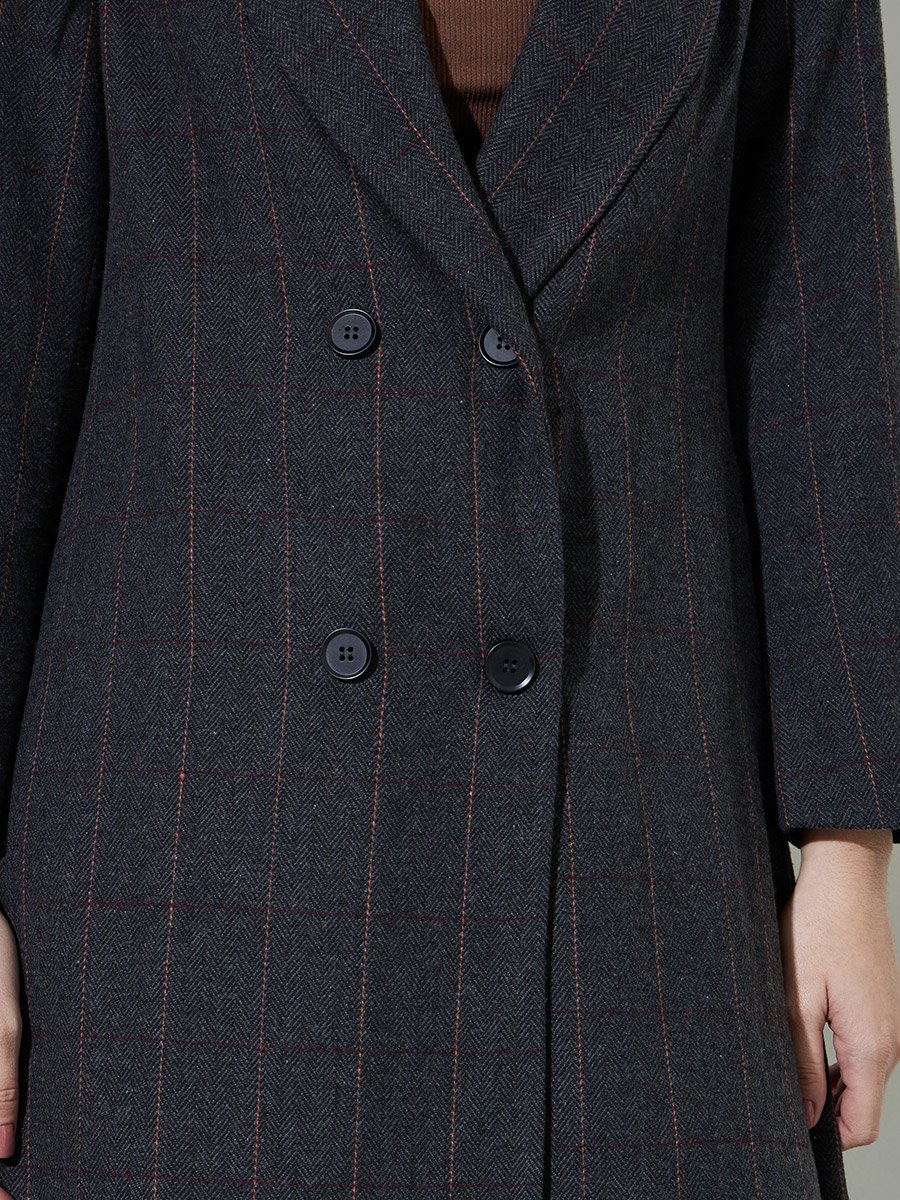 Black Regular Fit Midi Wool-Like Checked Coat