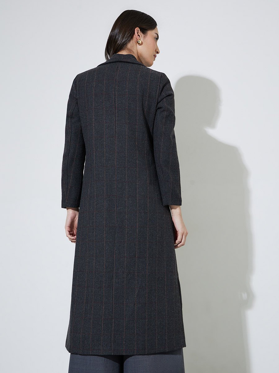 Black Regular Fit Midi Wool-Like Checked Coat