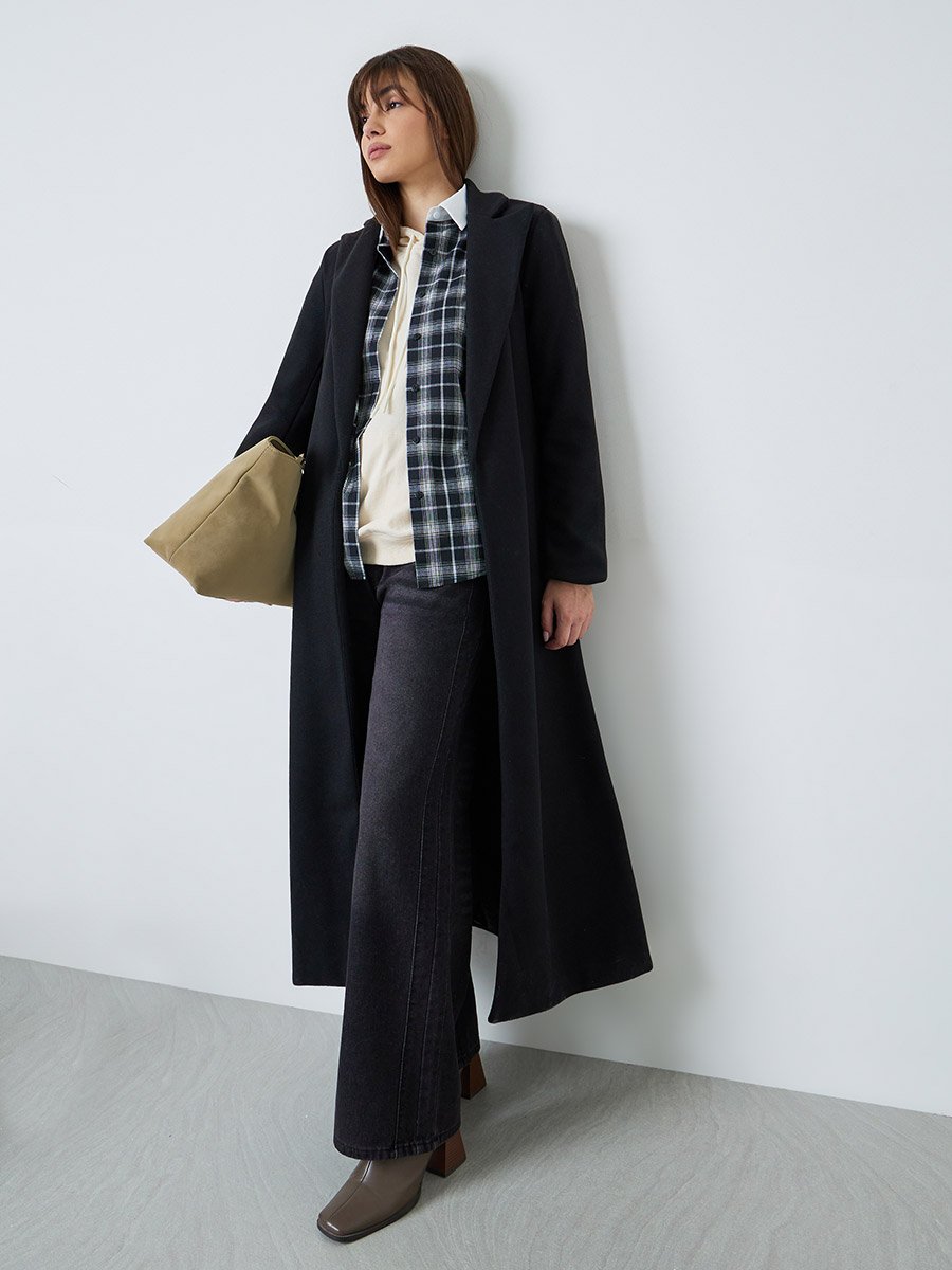 Black Regular Fit Wool-Like Coat