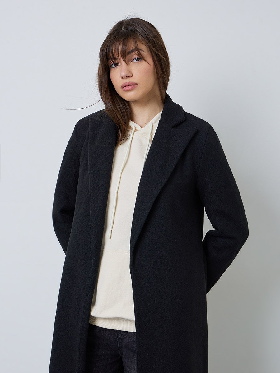 Black Regular Fit Wool-Like Coat