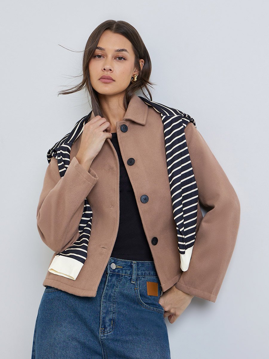 Tan Regular Fit Wool-Like Jacket