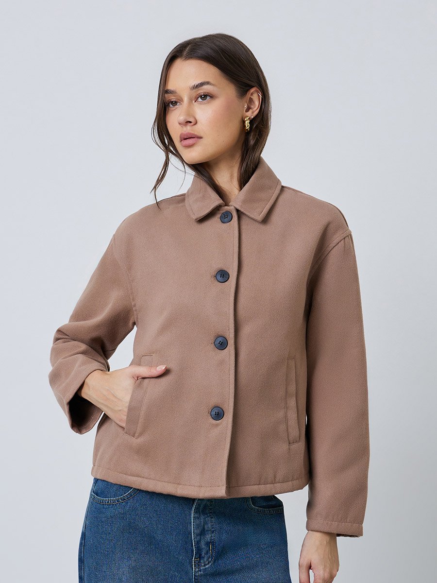 Tan Regular Fit Wool-Like Jacket