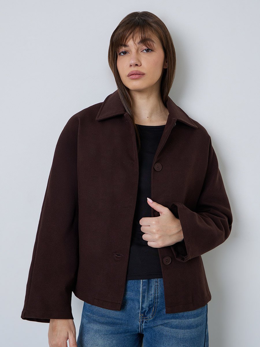 Coffee Brown Relaxed Wool Like Jacket