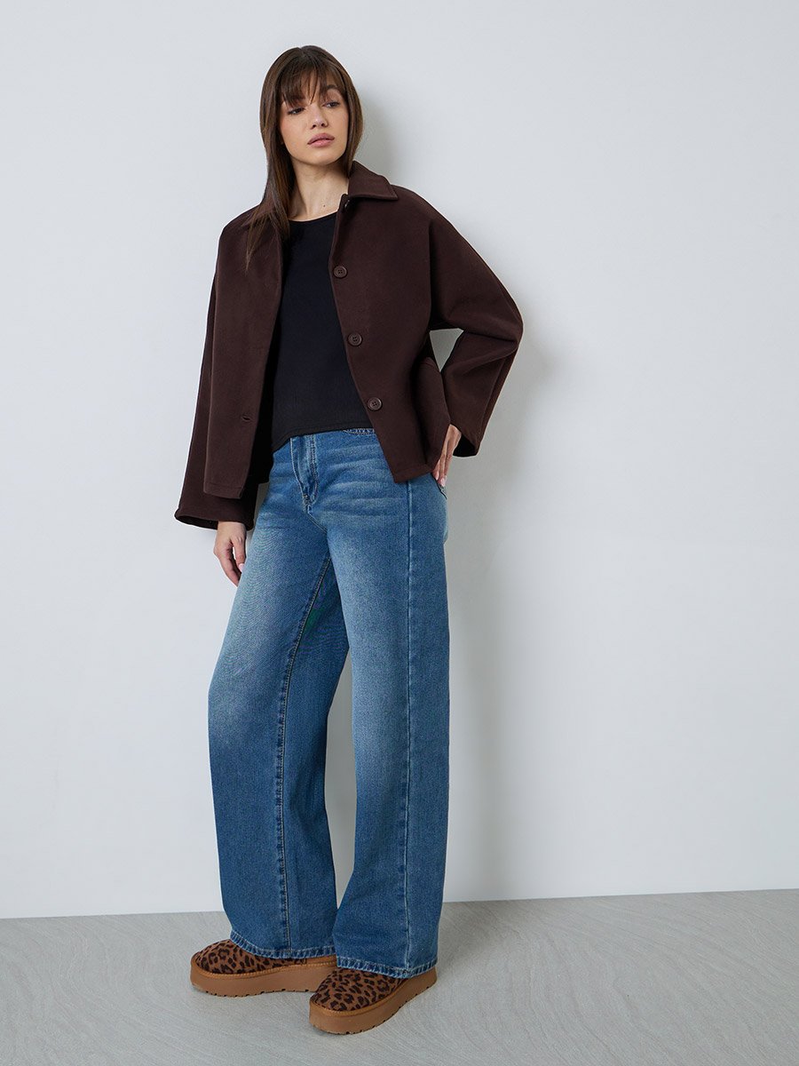 Coffee Brown Relaxed Wool Like Jacket