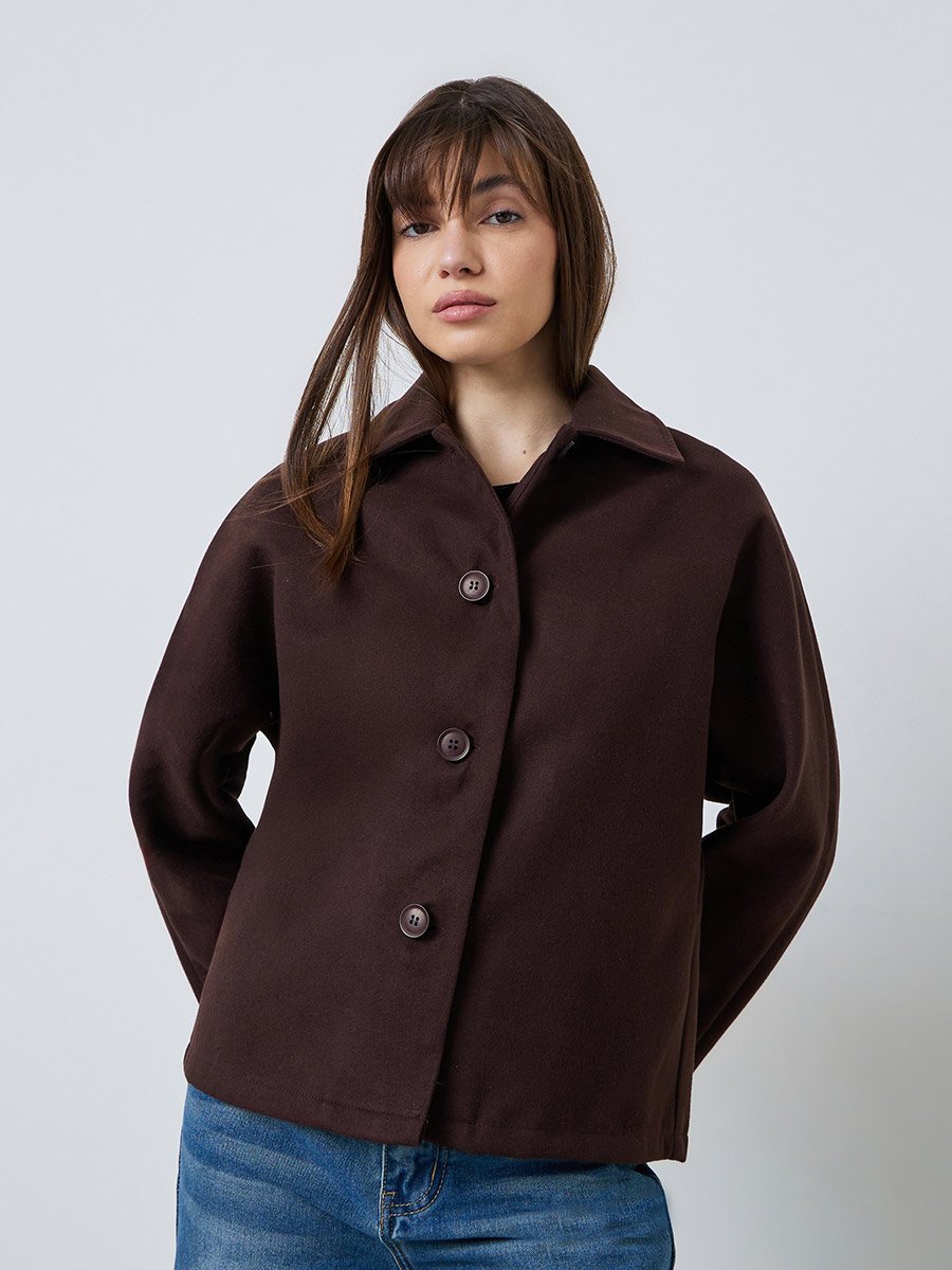 Coffee Brown Relaxed Wool Like Jacket