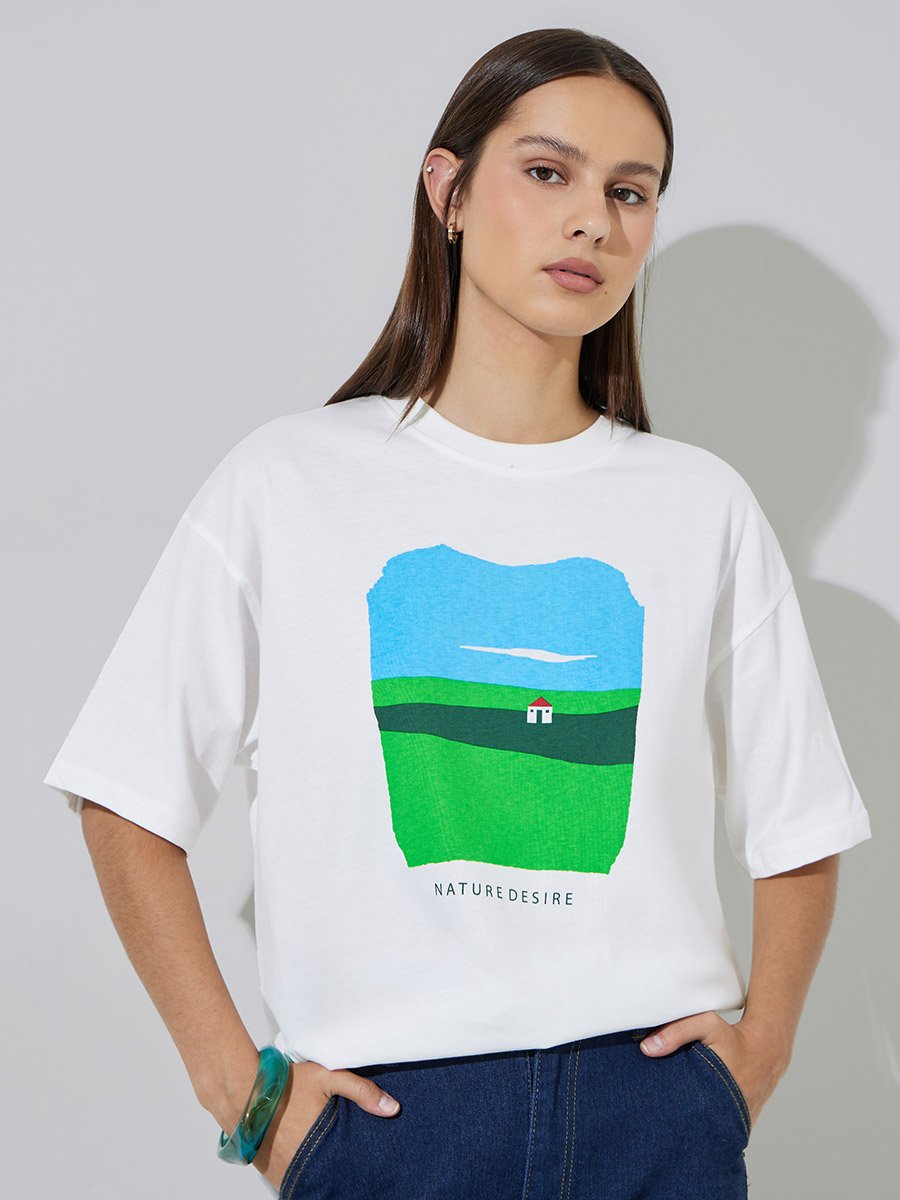 Off White Nature Inspired Oversized Graphic T-Shirt