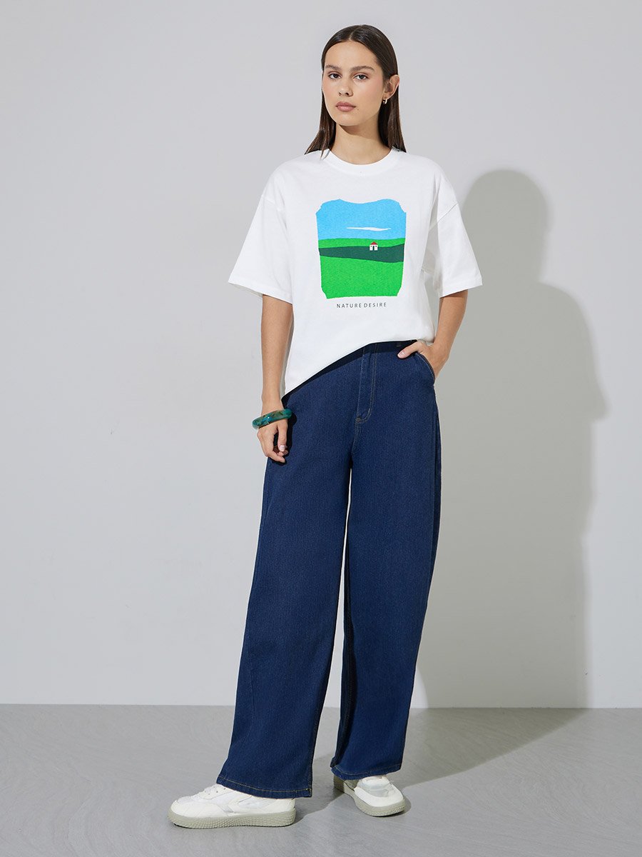 Off White Nature Inspired Oversized Graphic T-Shirt