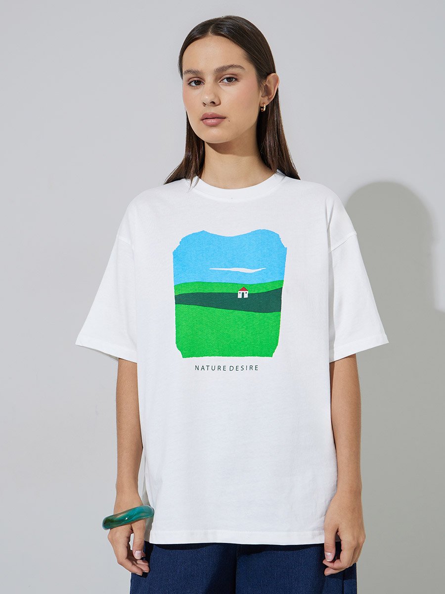 Off White Nature Inspired Oversized Graphic T-Shirt