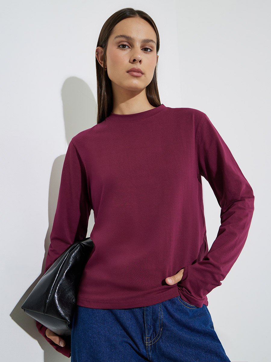 Burgundy Long Sleeve T-Shirt with Thumbhole