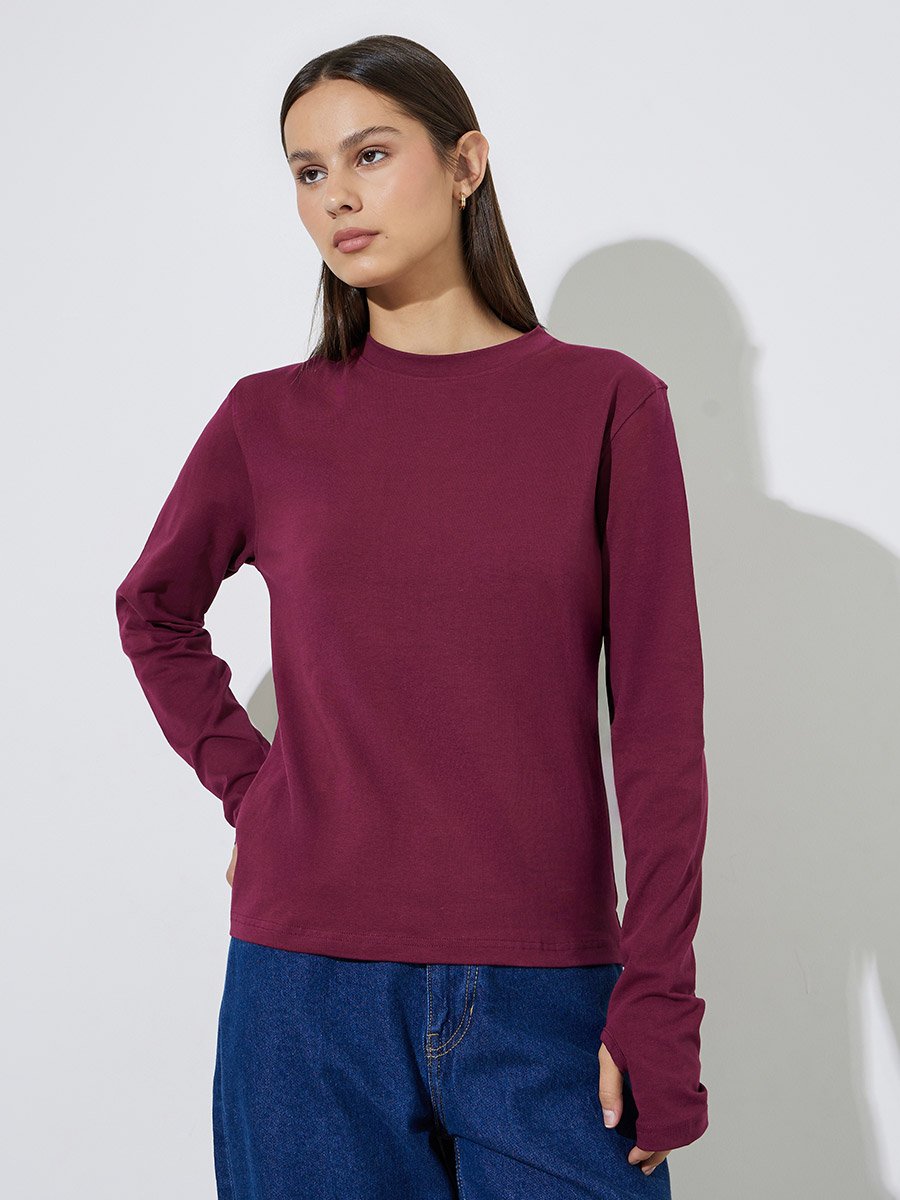Burgundy Long Sleeve T-Shirt with Thumbhole