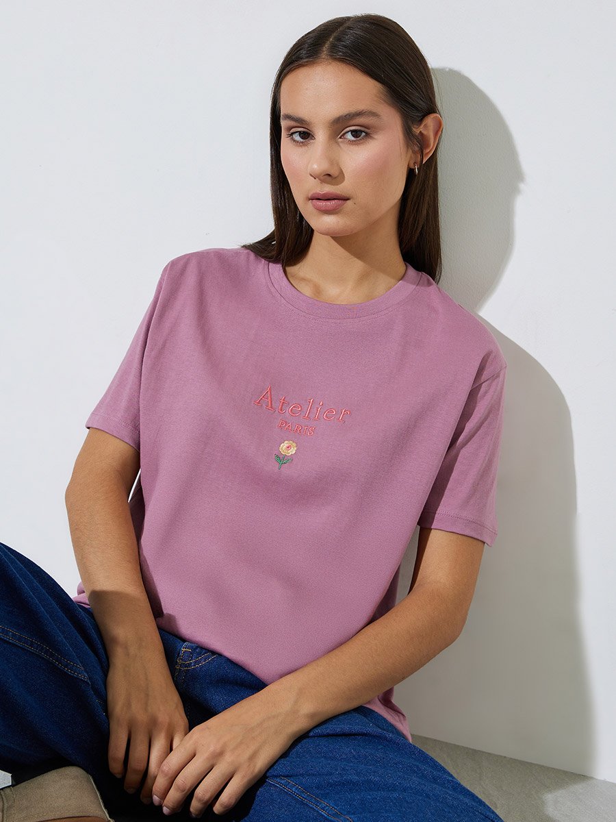 Pink Slogan Embroidered Short Sleeves Regular Fit T-Shirt