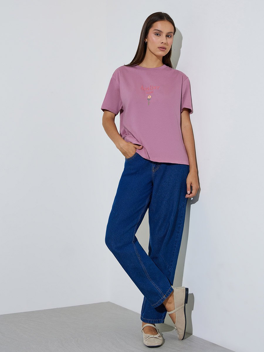 Pink Slogan Embroidered Short Sleeves Regular Fit T-Shirt