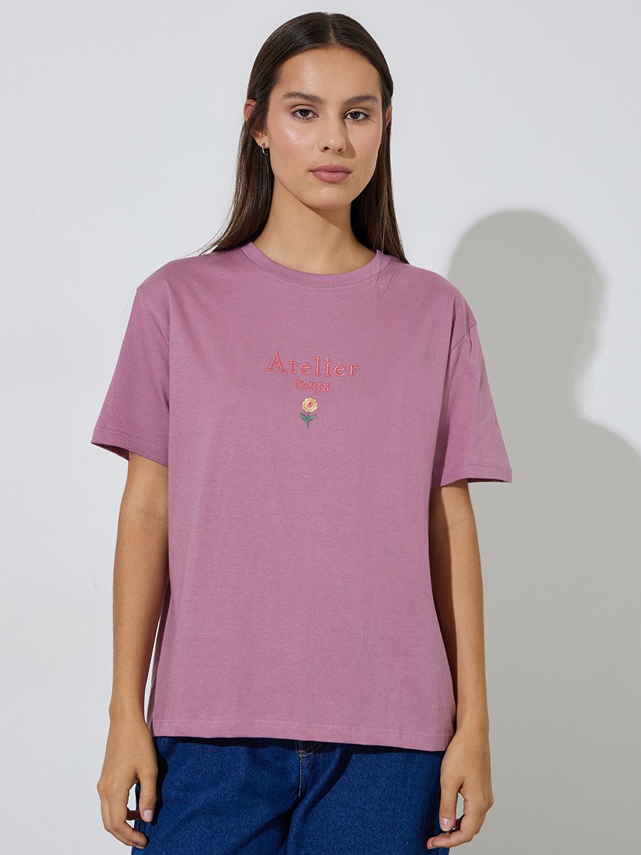 Pink Slogan Embroidered Short Sleeves Regular Fit T-Shirt